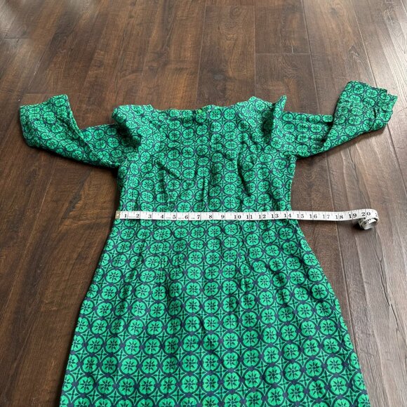 Boden Women's 100% Linen Green Navy Blue Floral Long Sleeve Shift Dress Size 4R - Picture 8 of 12